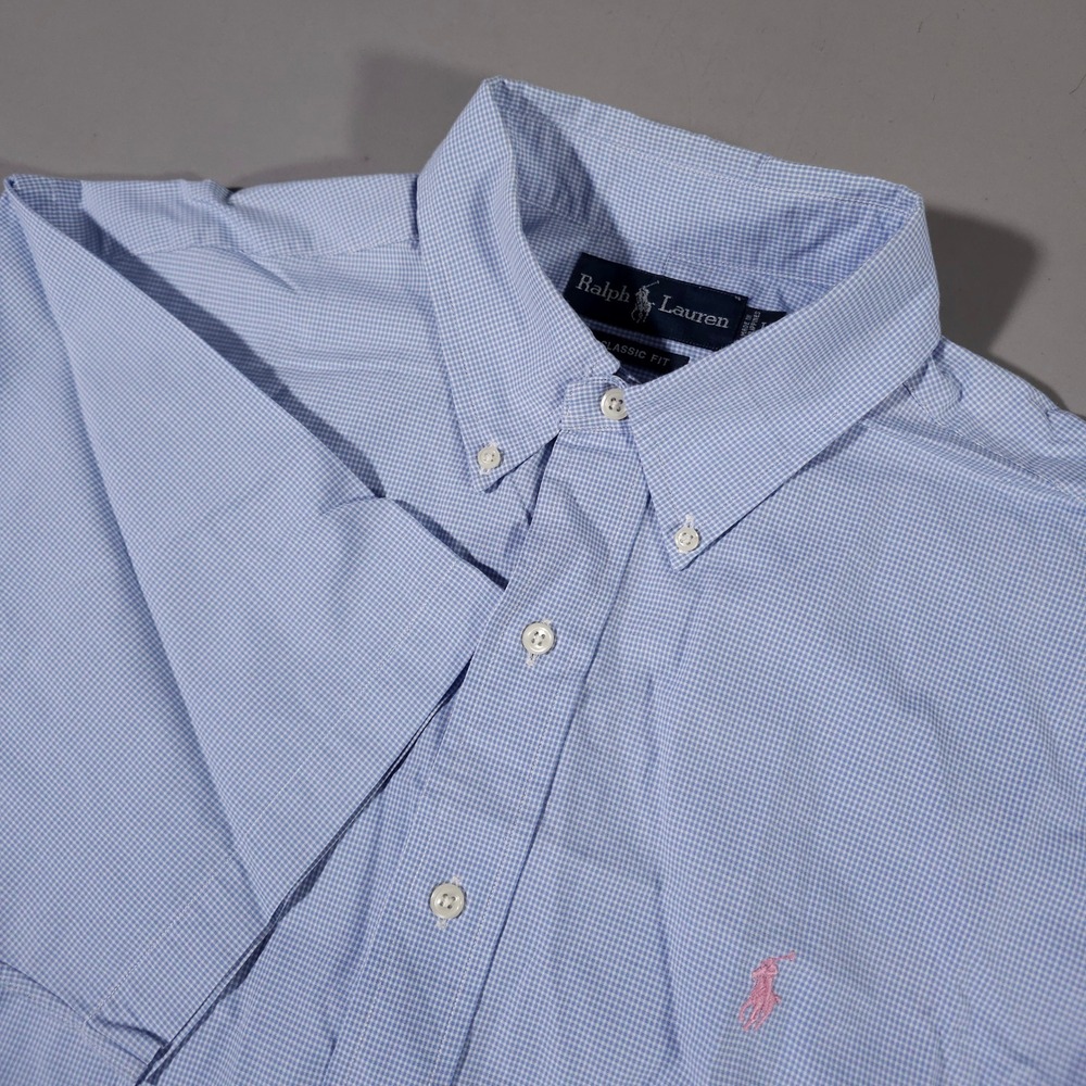 Ralph Lauren Shirt Mens‎ L Blue Gingham Classic Fit Short Sleeve Button Down